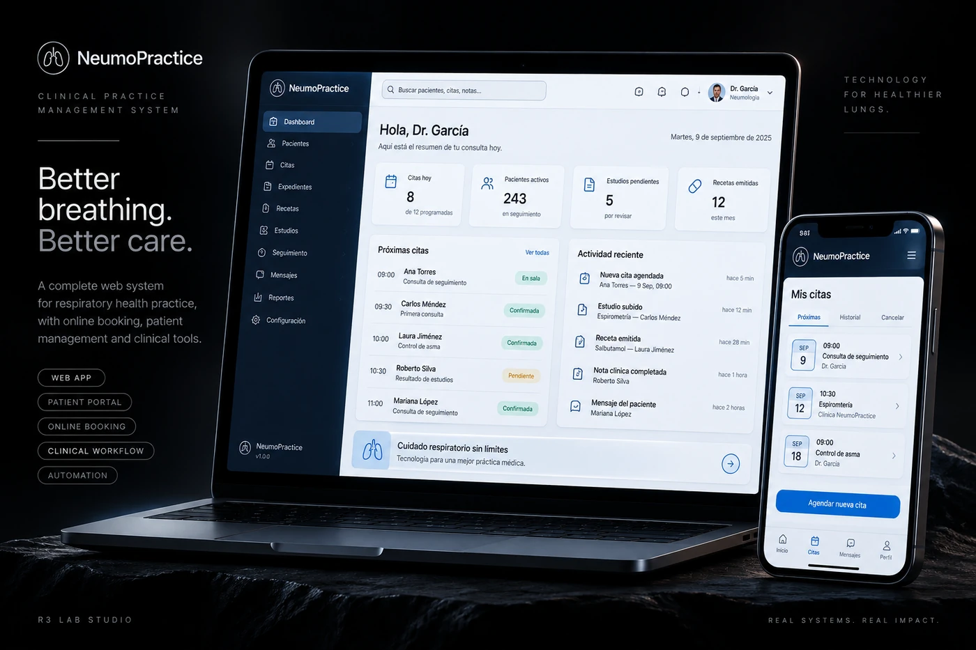 NeumoPractice clinical SaaS interface shown on desktop and mobile