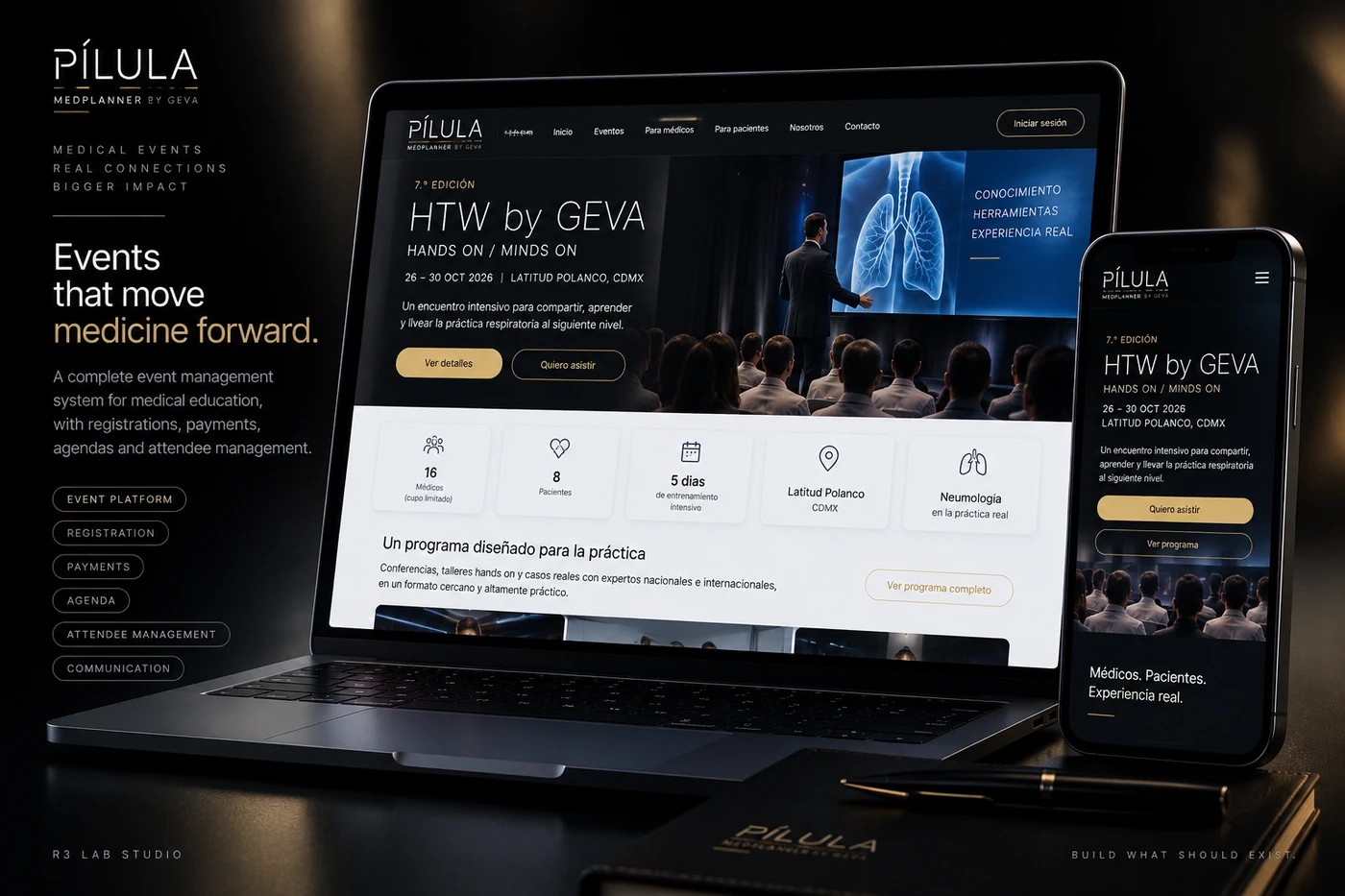 PÍLULA medical event platform shown on desktop and mobile